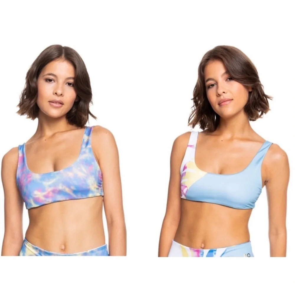 NWT Roxy Pop Surf Bralette Sporty- Reversible Bikini Top Tie Dye and Blue - Picture 10 of 10